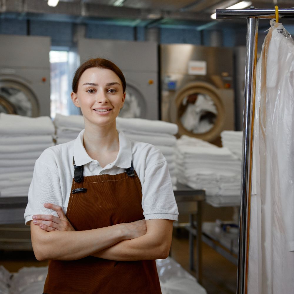 Professional laundry worker with clean linens in an industrial laundry facility